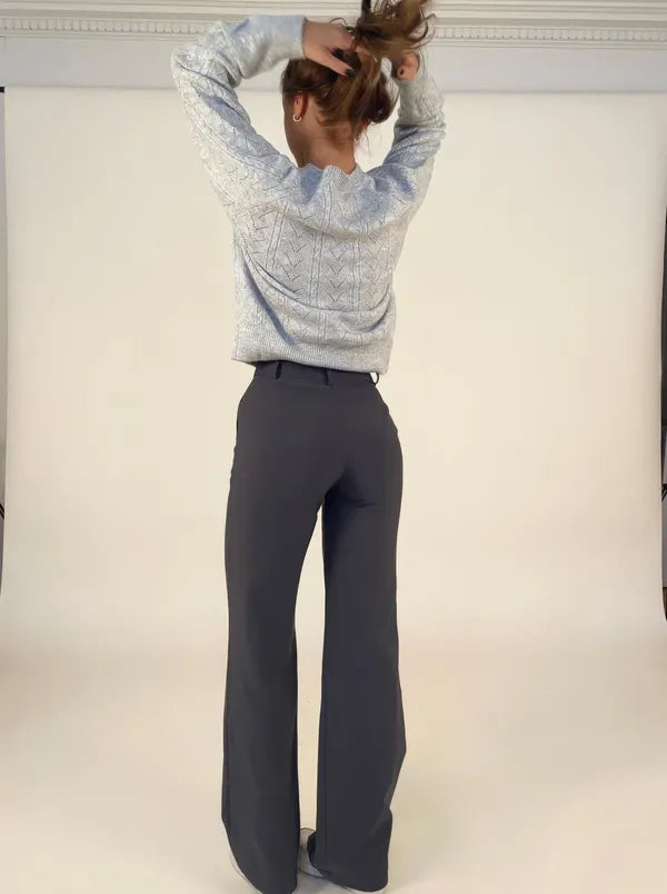Eloise Women's High-Rise Pintuck Flowy Trousers in charcoal gray, back view on model