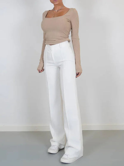 Eloise Women's High-Rise Pintuck Flowy Trousers in white, front view on model