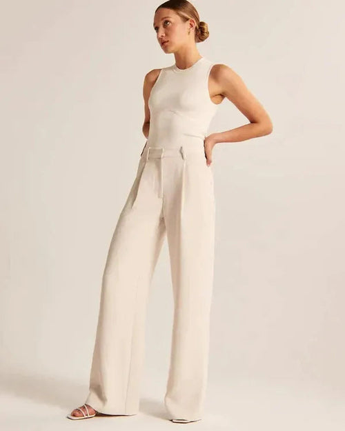 Maelle Women's High-Rise Wide Leg Casual Pants in beige, full-length front view