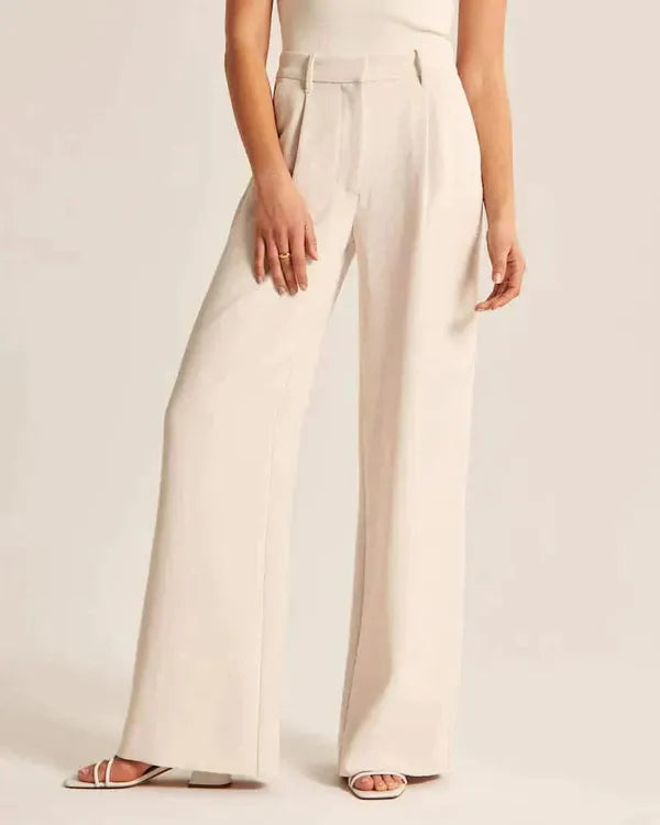 Maelle Women's High-Rise Wide Leg Casual Pants in beige, cropped front view of pleats