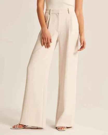 Maelle Women's High-Rise Wide Leg Casual Pants in beige, cropped front view of pleats
