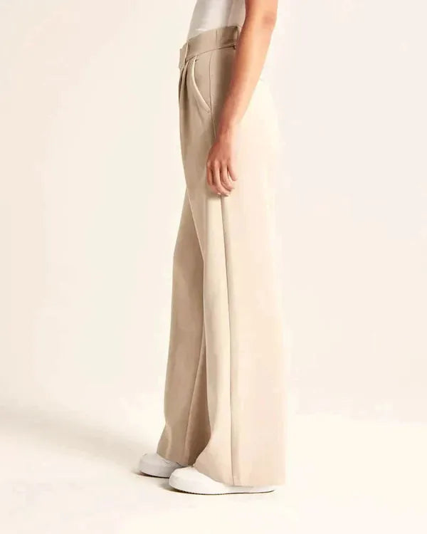Maelle Women's High-Rise Wide Leg Casual Pants in beige, side view on model