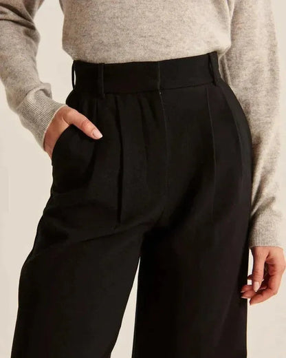 Maelle Women's High-Rise Wide Leg Casual Pants in black, pleated waistband close-up