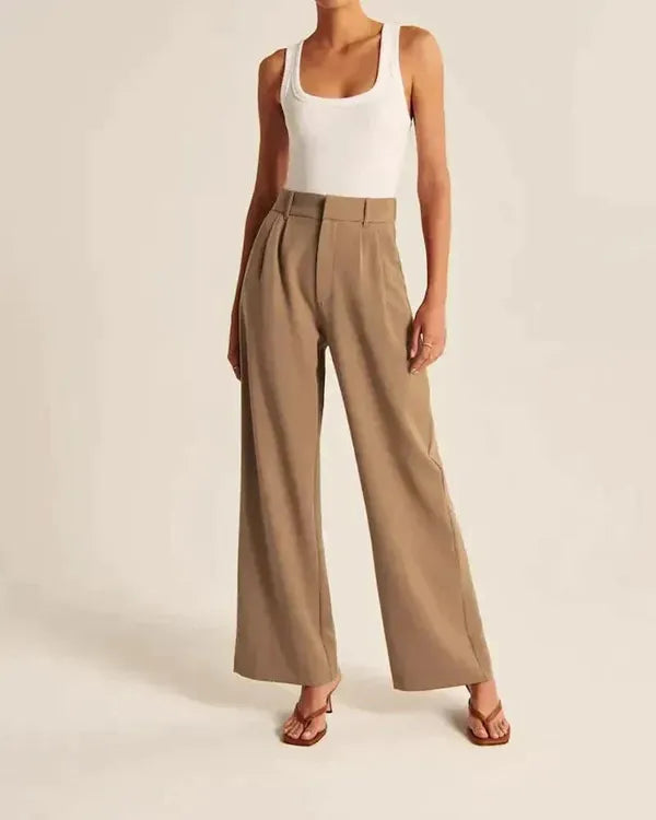 Maelle Women's High-Rise Wide Leg Casual Pants in camel brown, front view on model