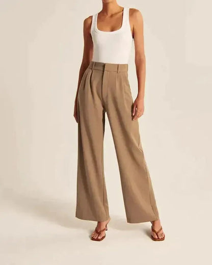 Maelle Women's High-Rise Wide Leg Casual Pants in camel brown, front view on model