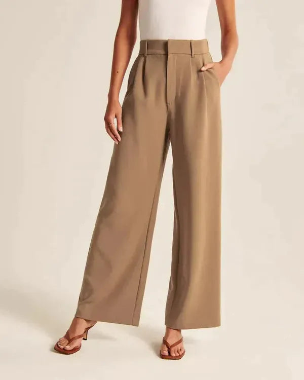 Maelle Women's High-Rise Wide Leg Casual Pants in camel brown, cropped front view