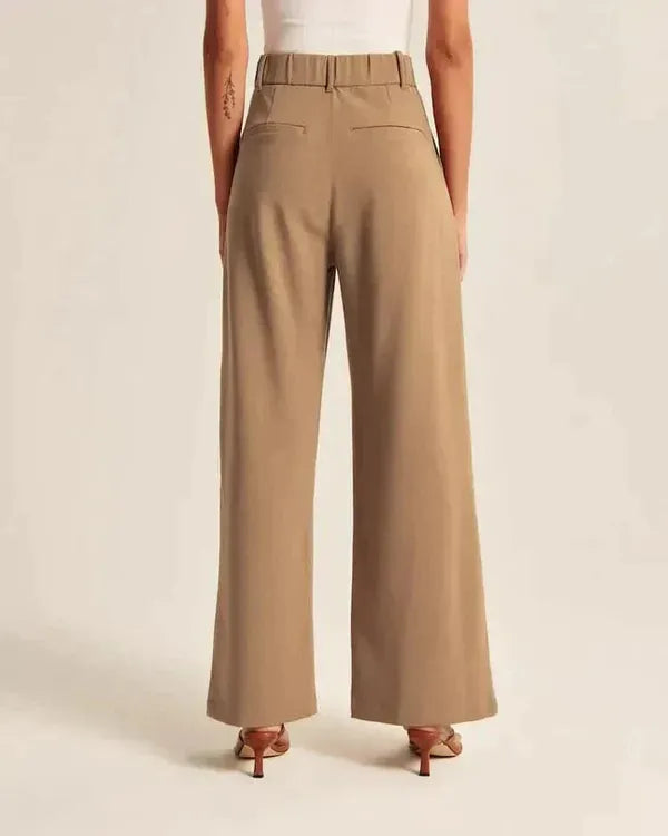 Maelle Women's High-Rise Wide Leg Casual Pants in camel brown, back view with welt pockets
