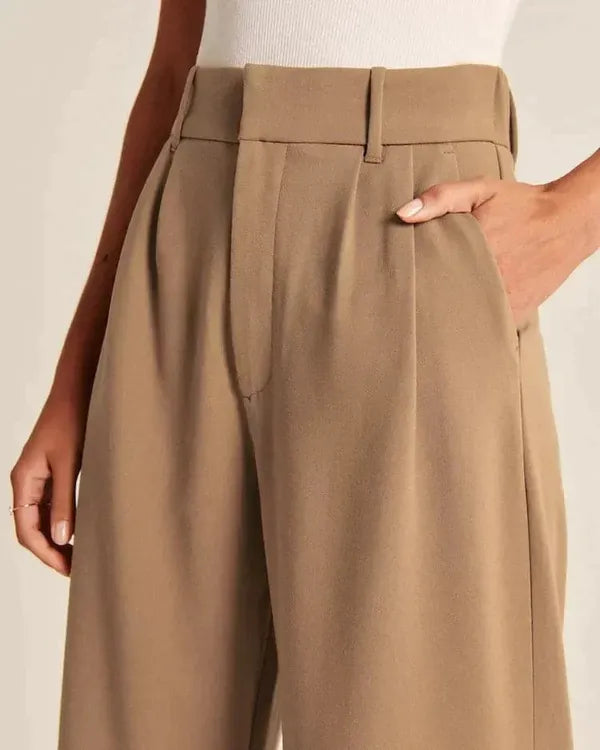 Maelle Women's High-Rise Wide Leg Casual Pants in brown, waistband and pleat close-up