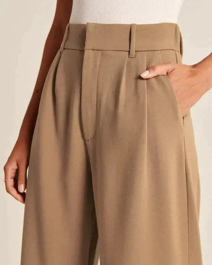 Maelle Women's High-Rise Wide Leg Casual Pants in brown, waistband and pleat close-up