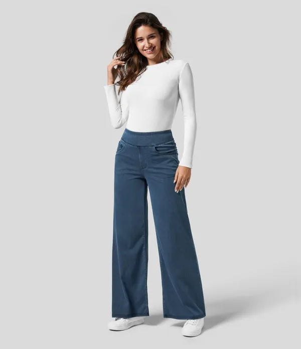 Gineva Women's High-Rise Flare Denim Pants in dark blue, full-length front view