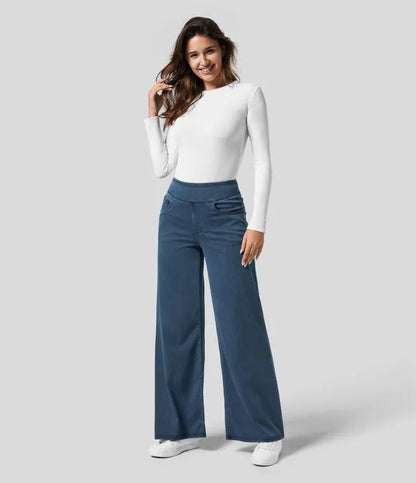 Gineva Women's High-Rise Flare Denim Pants in dark blue, full-length front view
