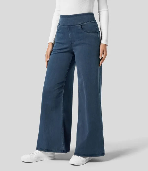 Gineva Women's High-Rise Flare Denim Pants in dark blue, front view cropped on model
