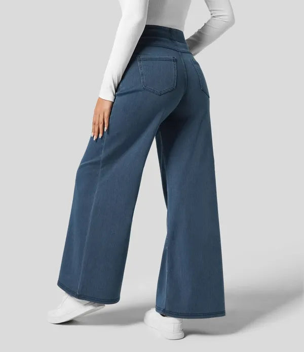 Gineva Women's High-Rise Flare Denim Pants in dark blue, back view showing pockets
