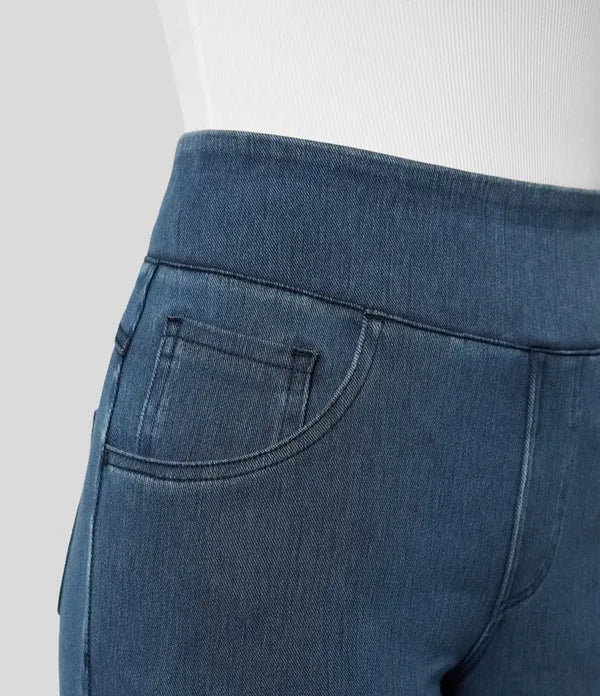 Gineva Women's High-Rise Flare Denim Pants dark blue, pull-on waistband and pocket detail