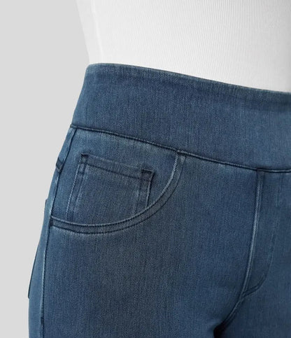 Gineva Women's High-Rise Flare Denim Pants dark blue, pull-on waistband and pocket detail