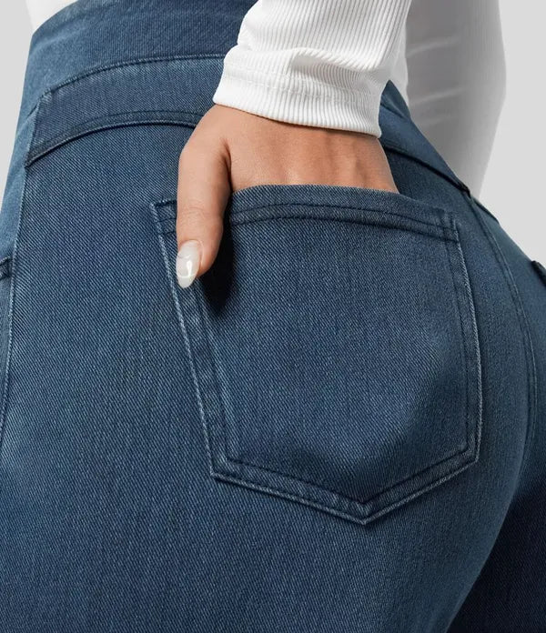 Gineva Women's High-Rise Flare Denim Pants in dark blue, back pocket close-up