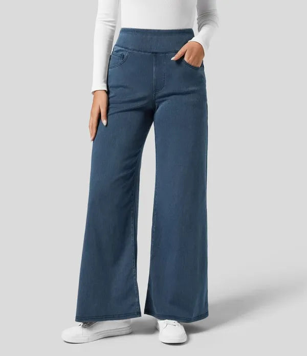 Gineva Women's High-Rise Flare Denim Pants in dark blue, cropped front view of wide leg