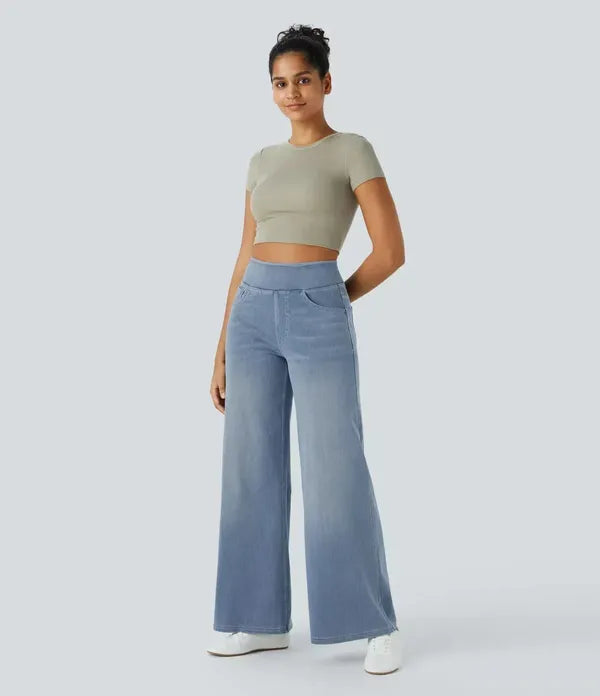 Gineva Women's High-Rise Flare Denim Pants in light blue, full-length front view