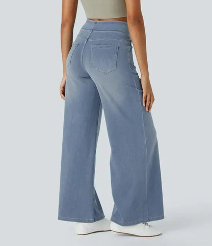 Gineva Women's High-Rise Flare Denim Pants in light blue, back view on model