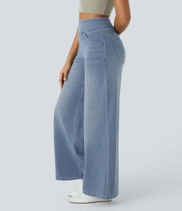 Gineva Women's High-Rise Flare Denim Pants in light blue, side back view on model