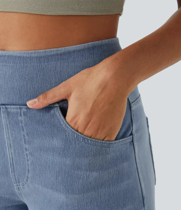 Gineva Women's High-Rise Flare Denim Pants light blue, front pocket close-up