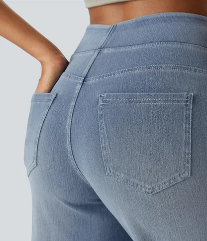 Gineva Women's High-Rise Flare Denim Pants light blue, back pocket stitching detail
