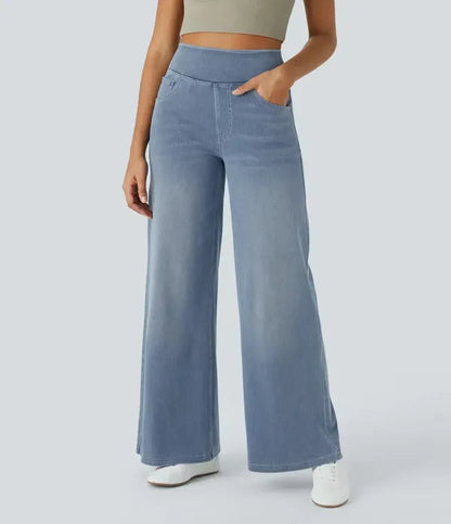 Gineva Women's High-Rise Flare Denim Pants in light blue, cropped front view on model