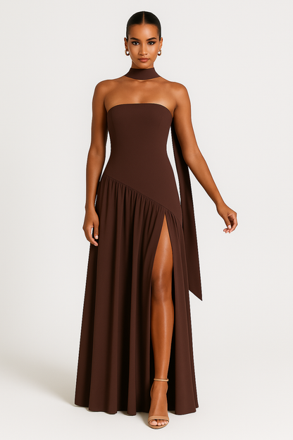 Brown Delphine strapless maxi dress with high slit and matching choker, front view