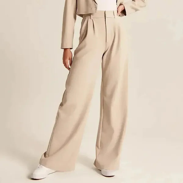 Alessia Women's High-Waist Pleated Wide-Leg Pants in beige, front view on model