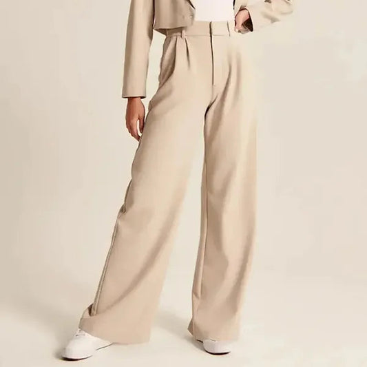 Alessia Women's High-Waist Pleated Wide-Leg Pants in beige, front view on model