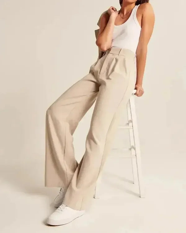 Alessia Women's High-Waist Pleated Wide-Leg Pants in beige with white tank, front view