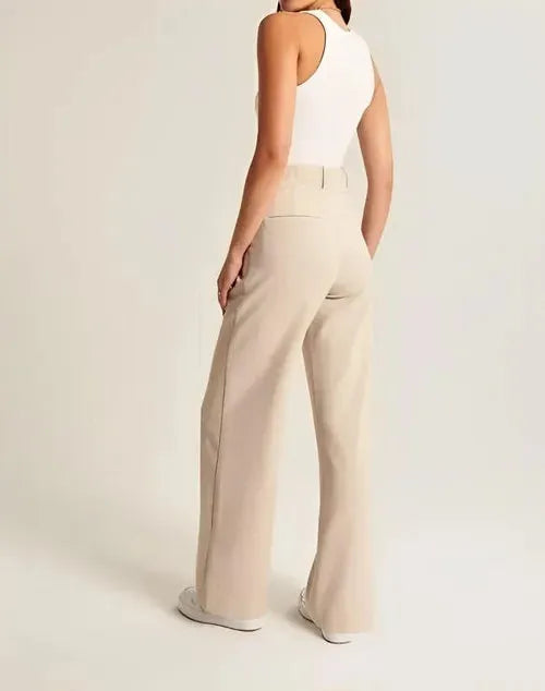 Alessia Women's High-Waist Pleated Wide-Leg Pants in beige, back view on model