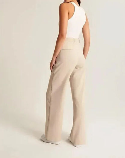 Alessia Women's High-Waist Pleated Wide-Leg Pants in beige, back view on model