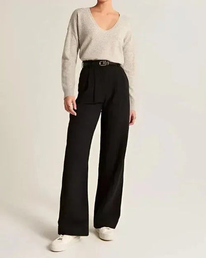 Alessia Women's High-Waist Pleated Wide-Leg Pants in black, front view with belt