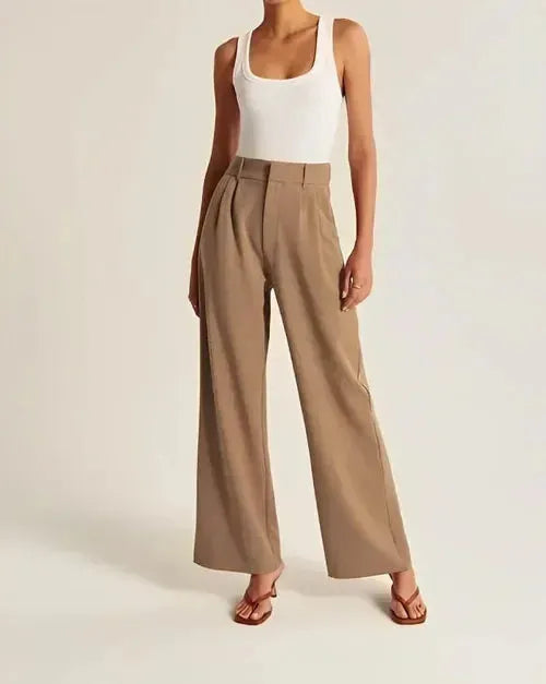 Alessia Women's High-Waist Pleated Wide-Leg Pants in khaki, front view on model
