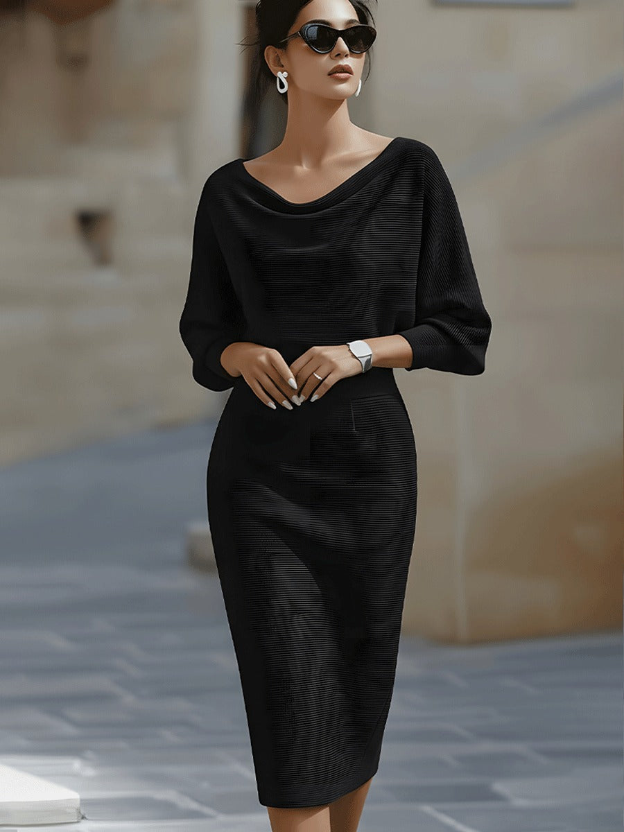 Arabella knit bodycon cocktail midi dress in black, full length front view