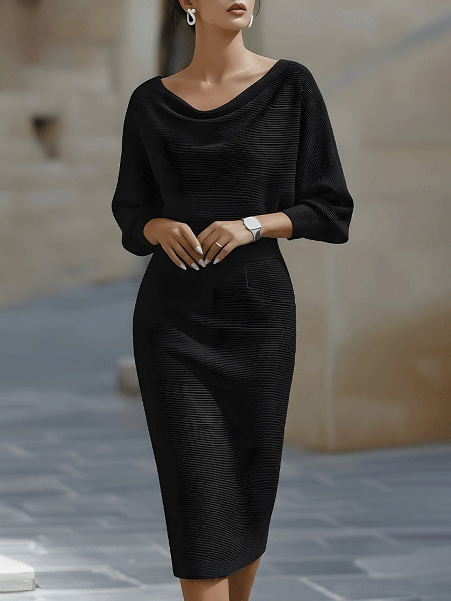 Black Arabella knit bodycon midi dress with draped batwing sleeves, front