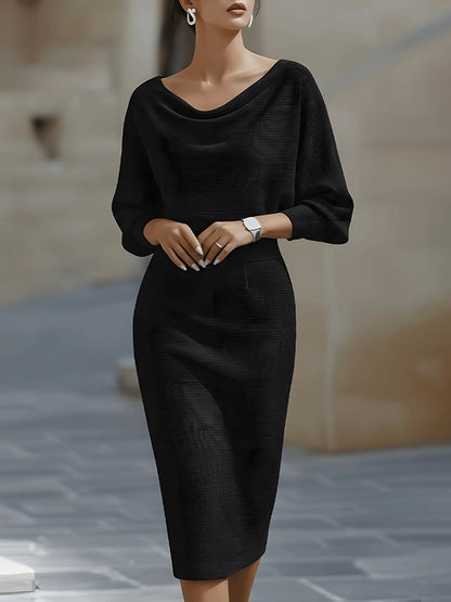 Black Arabella knit bodycon midi dress with draped batwing sleeves, front