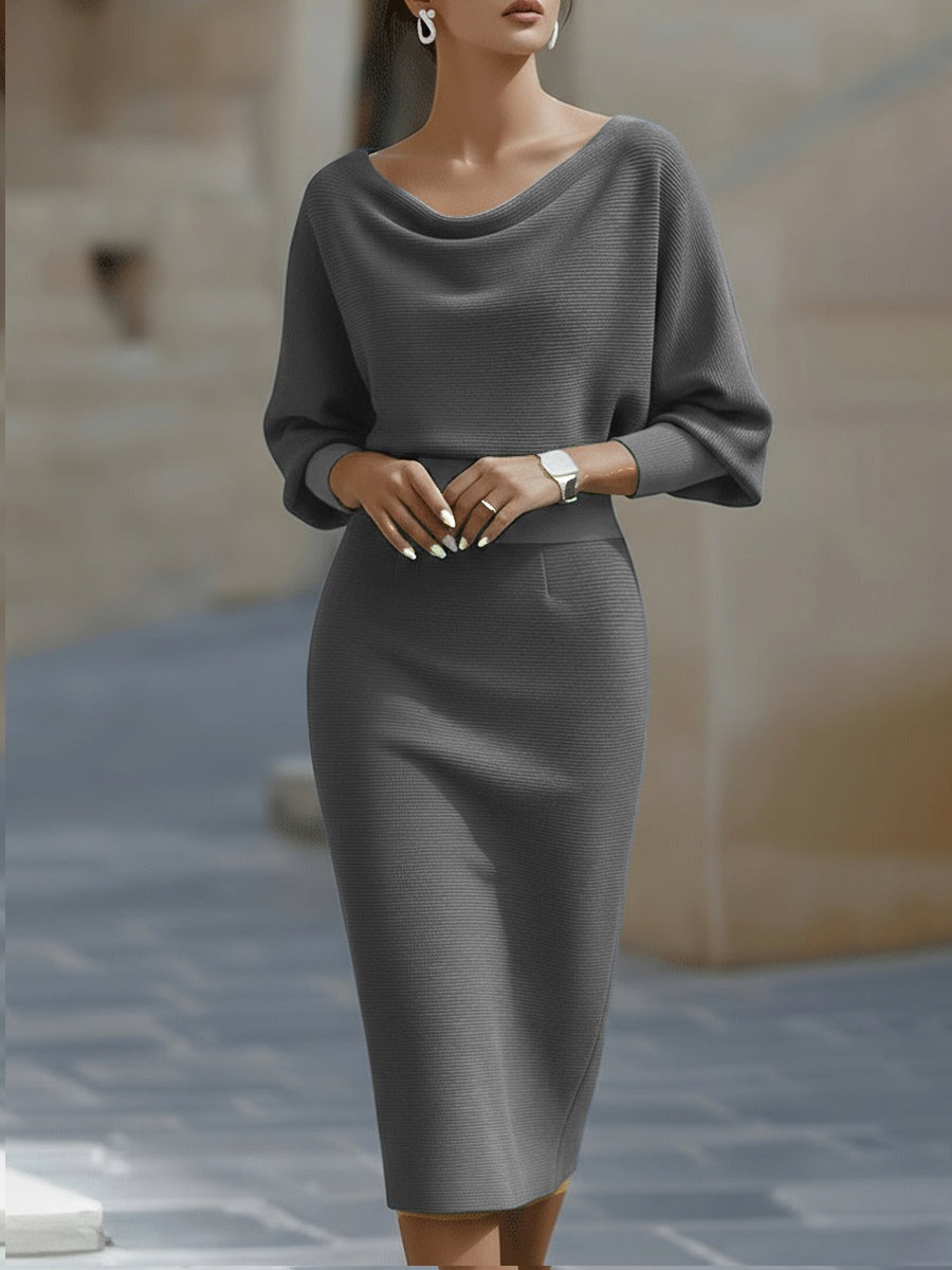 Arabella knit bodycon cocktail midi dress in gray, front view with cowl neck