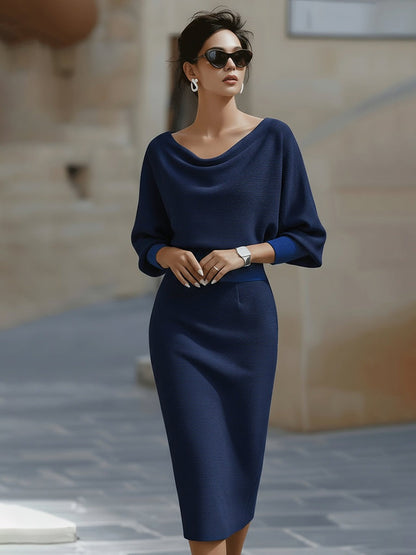 Arabella women's knit bodycon cocktail midi dress in navy blue, front view