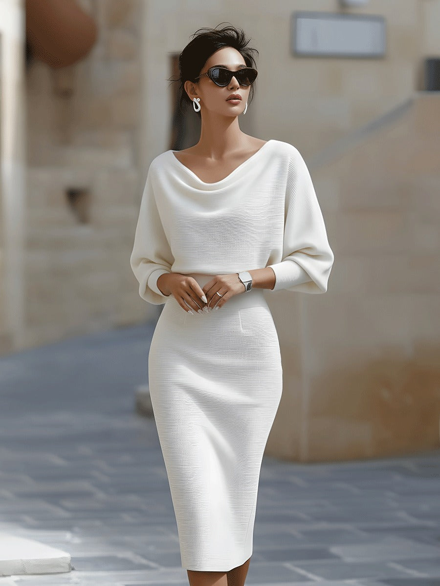 Arabella women's knit bodycon cocktail midi dress in white, front view