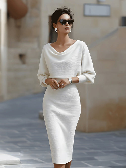 Arabella women's knit bodycon cocktail midi dress in white, front view