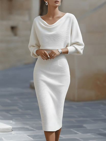 Arabella white knit bodycon midi dress with cowl neckline, front view