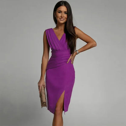 Evangeline knit bodycon cocktail mini dress in purple, front view on model