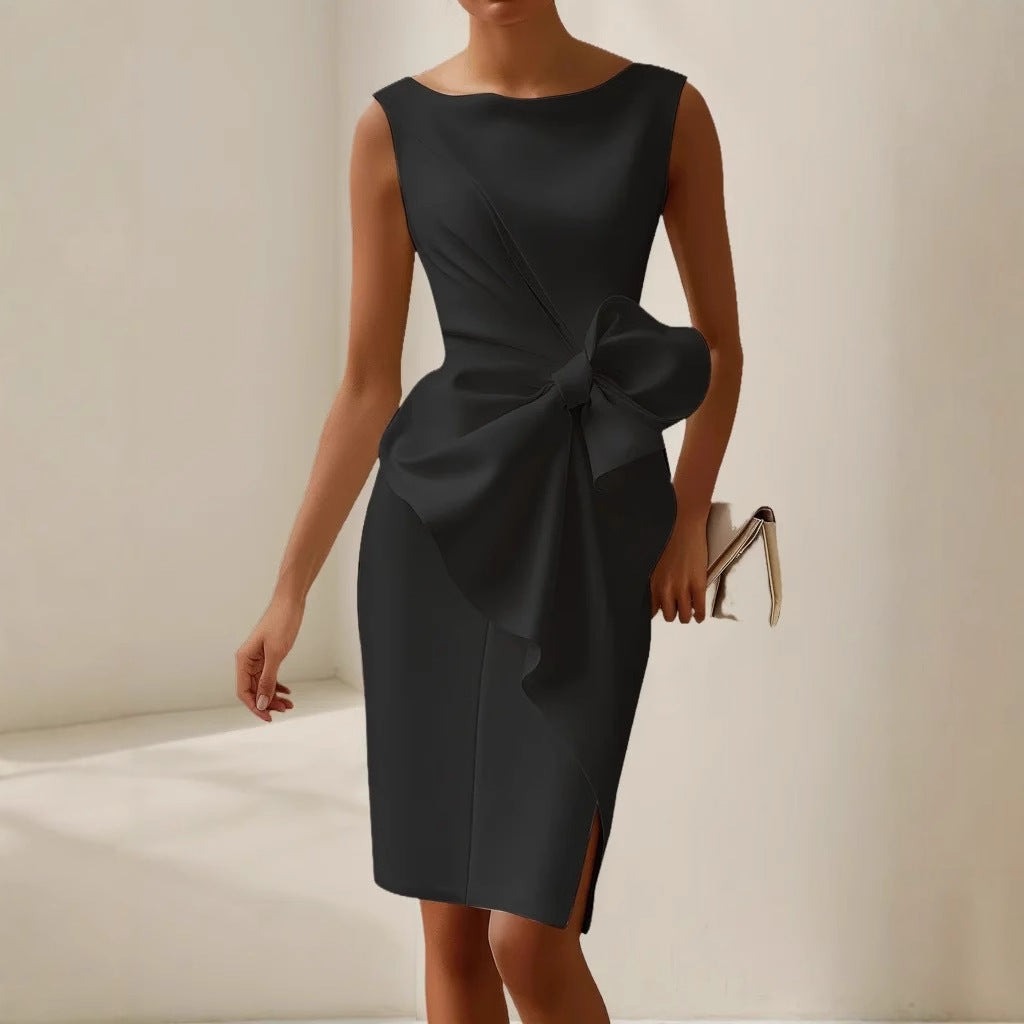 Josephine women's knit bodycon cocktail midi dress in black with bow detail