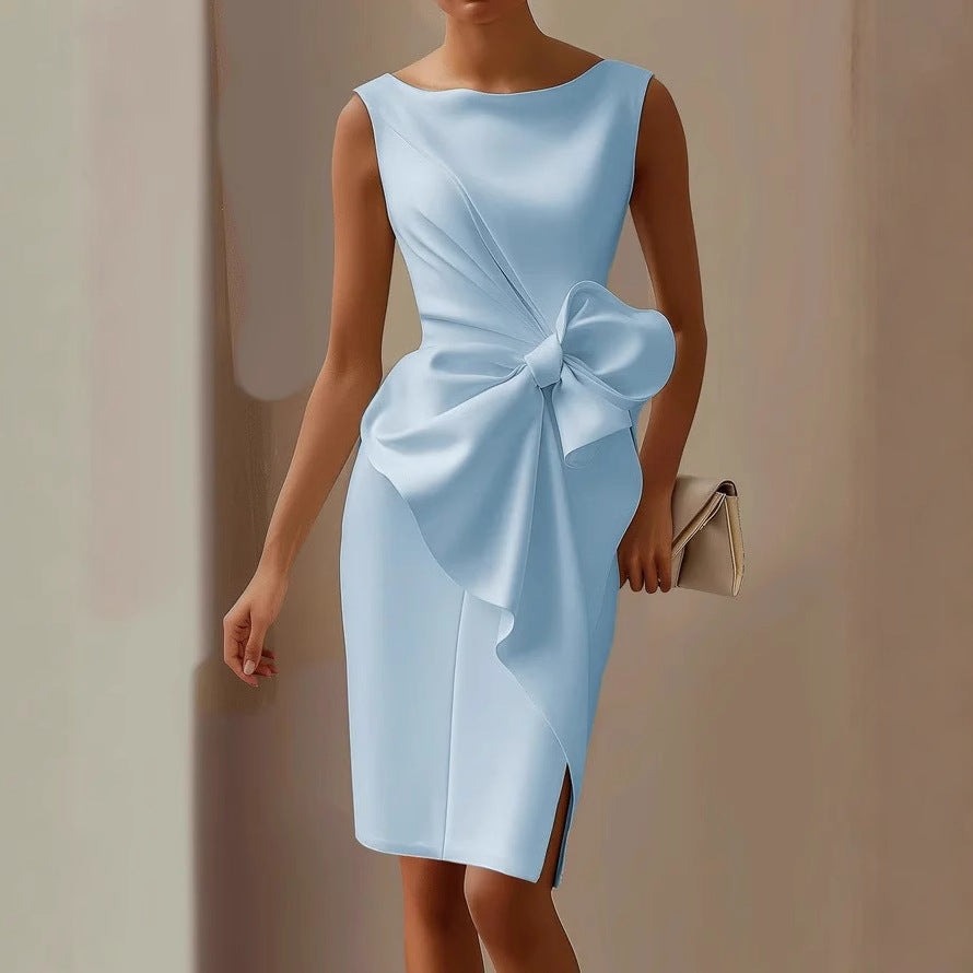 Josephine women's bodycon cocktail midi dress in blue with front bow detail