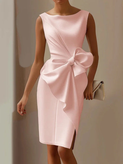 Josephine knit bodycon cocktail midi dress in pink with oversized bow, front