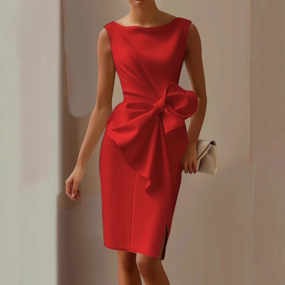 Josephine knit bodycon cocktail midi dress in red with statement bow, front