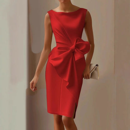 Josephine knit bodycon cocktail midi dress in red with statement bow, front