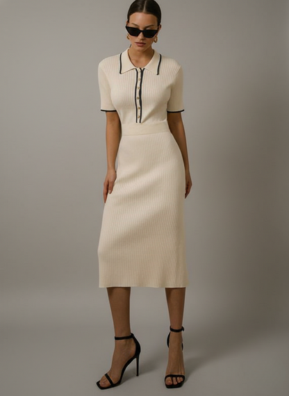 Marie women's knit midi dress in beige with contrast collar, front view